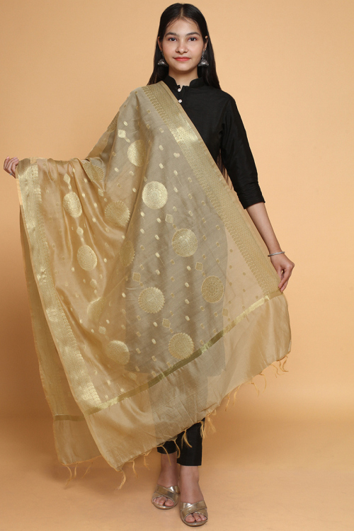 Woven Zari Chanderi Silk Beige Dupatta