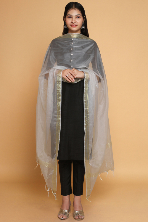White Organza Dupatta With Golden Weaved Stripes