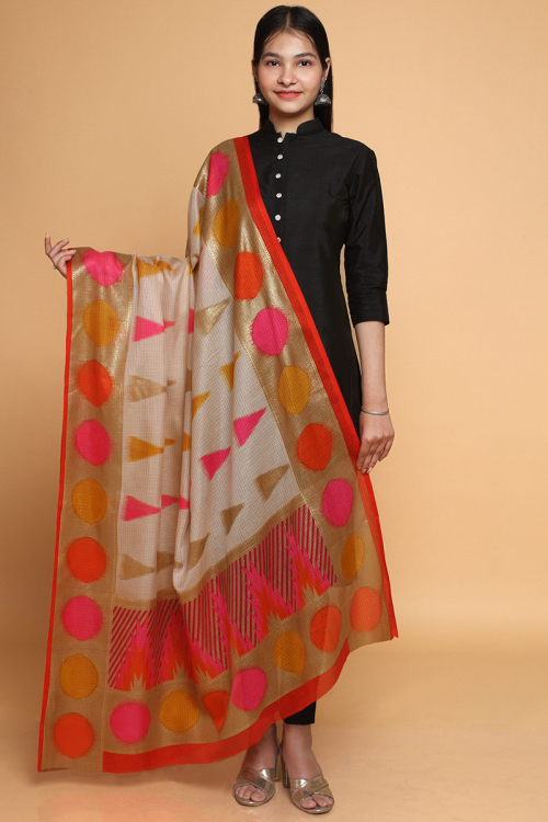 Kota Doria Printed Beige Dupatta With Orange Border