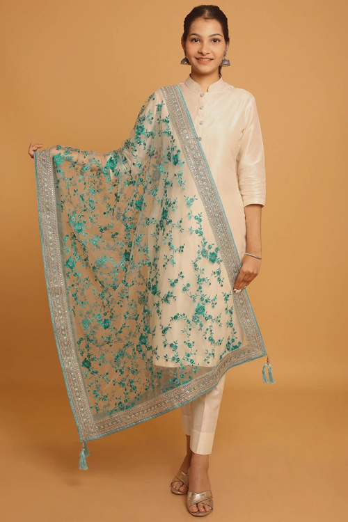 White Net Embroidered Dupatta