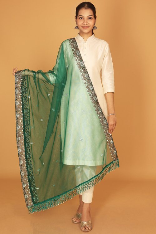 Dark Teal Green Embroidered Dupatta