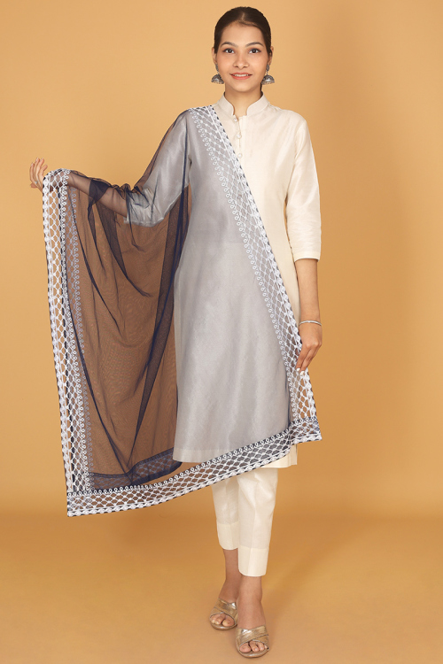 Navy Blue Resham Embroidered Dupatta