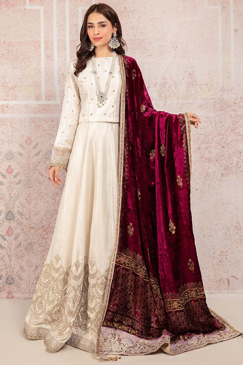 Dabka Work Embroidered Silk Ivory Lehenga