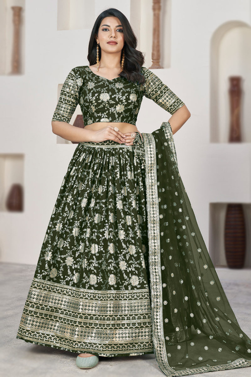 Dark Army Green Woven Zari Silk Flared Style Lehenga