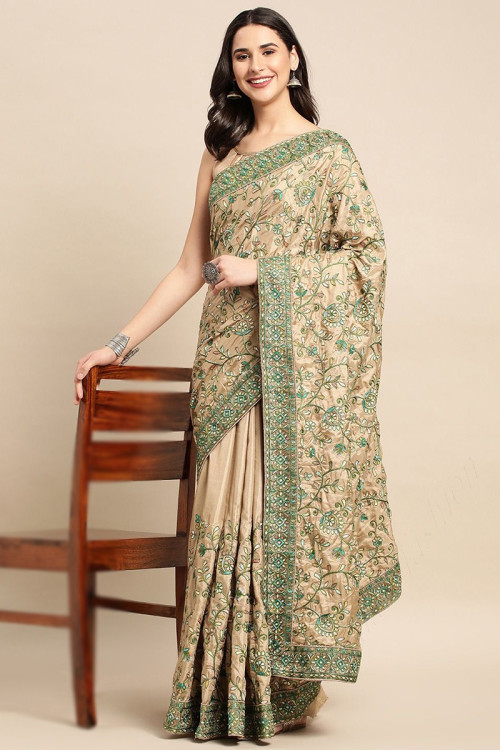 Saree for Party Wear in Art Silk Dark Beige with Resham Work