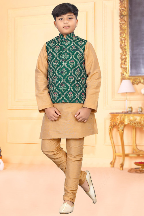 Dark Beige Jacket Style Art Silk Boy's Kurta Pajama for Sangeet