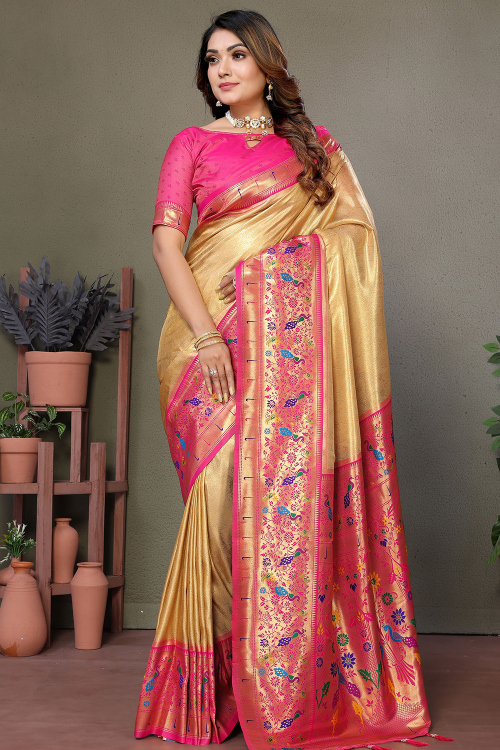 Dark Beige Art Silk Paithani Weaved Saree
