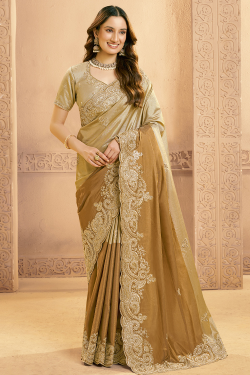 Dark Beige Art Silk Saree With Dori Work For Festival