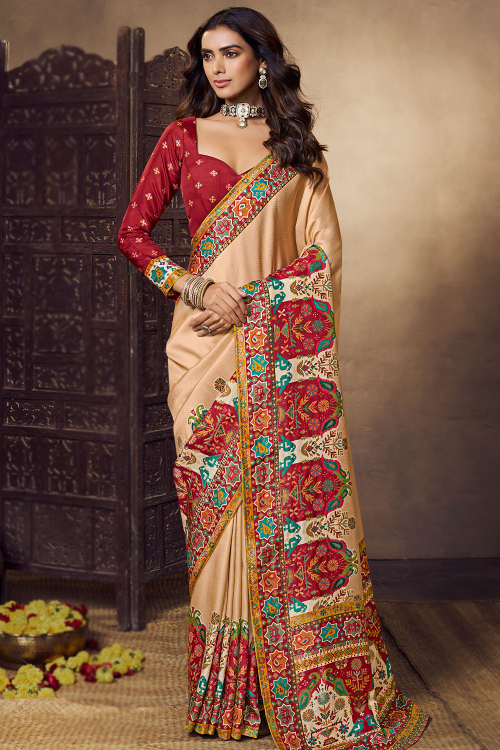 Dark Beige Art Silk Weaved Broad Border Saree 
