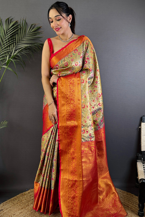 Dark Beige Art Silk Weaved Broad Border Saree