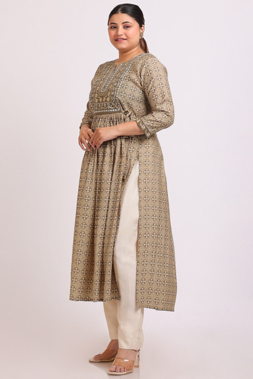 Buy Beige Navratri Mirror Work Plus Size Kurtis Online for Women in USA