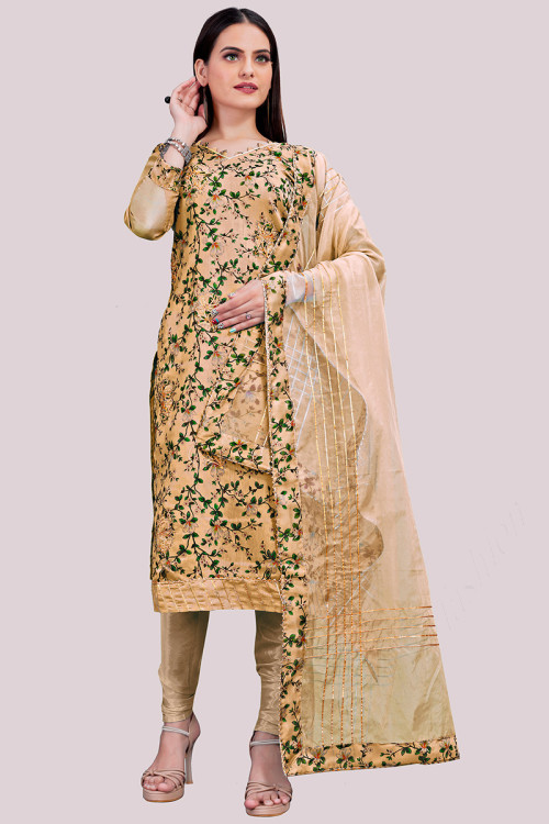 Dark Beige Chanderi Cotton Embroidered Churidar Suit