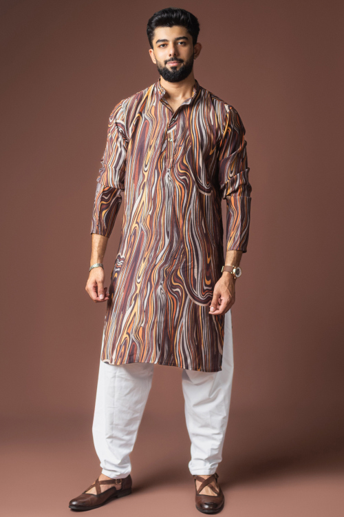 Dark Beige Cotton Men's Kurta Pajama With Printed Work