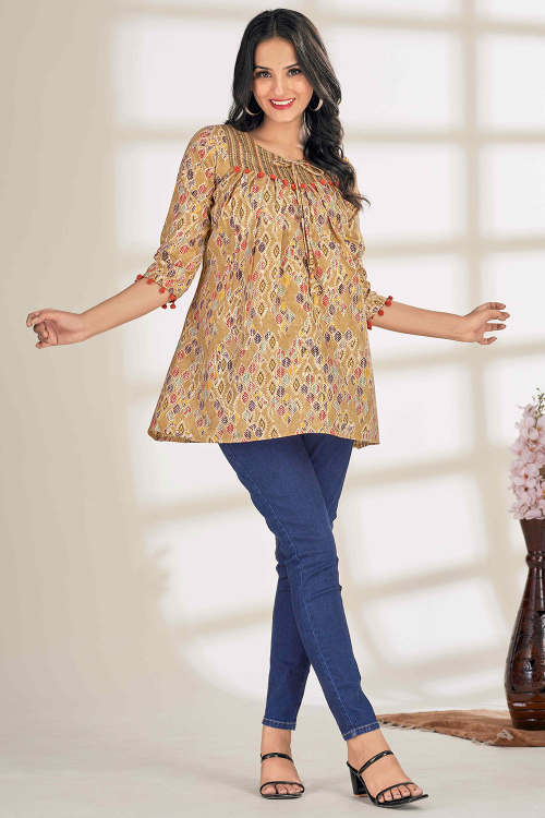 Dark Beige Cotton Printed Short Casual Wear Kurti 