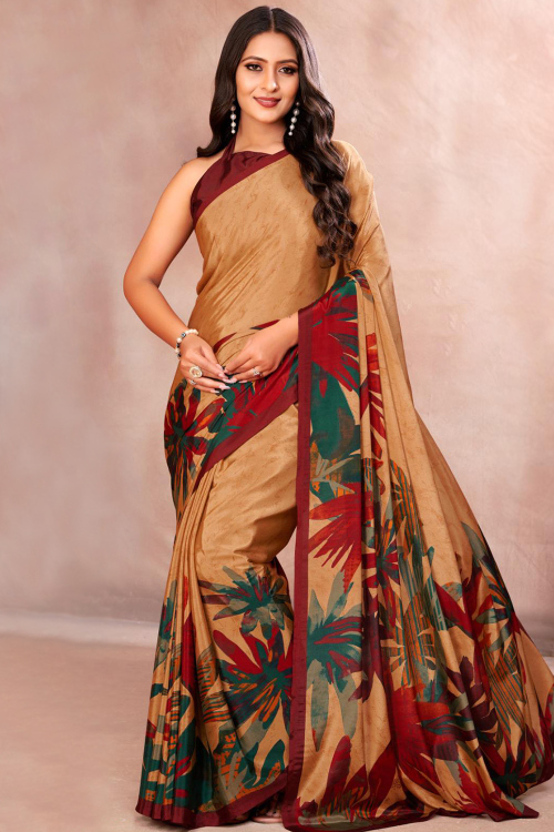 Dark Beige Crepe Printed Saree For Casual Wear