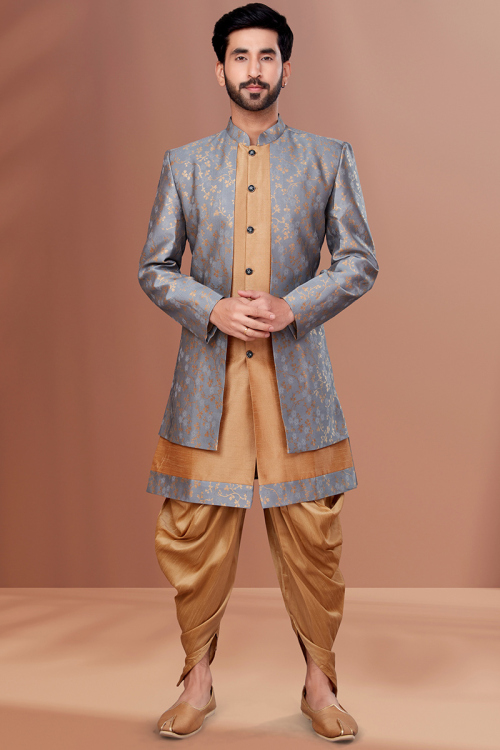 Dark Beige Dupion Silk Indo-Western Men Sherwani