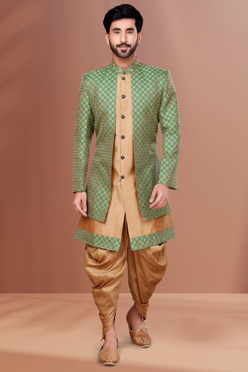 Dark Beige Dupion Silk Jacket Style Men Sherwani
