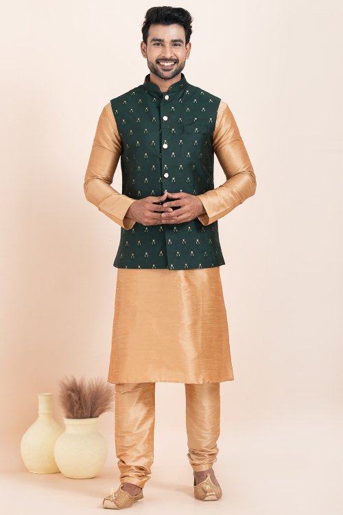 Dark Beige Dupion Silk Jacket Style Men's Churidar Kurta