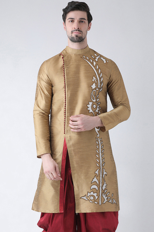 Dark Beige Dupion Silk Patch Embroidered Men's Kurta