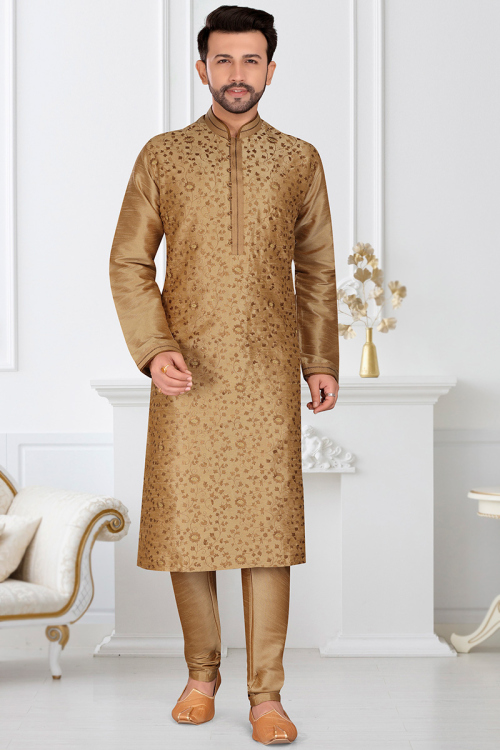 Dark Beige Dupion Silk Resham Embroidered Men's Kurta Churidar