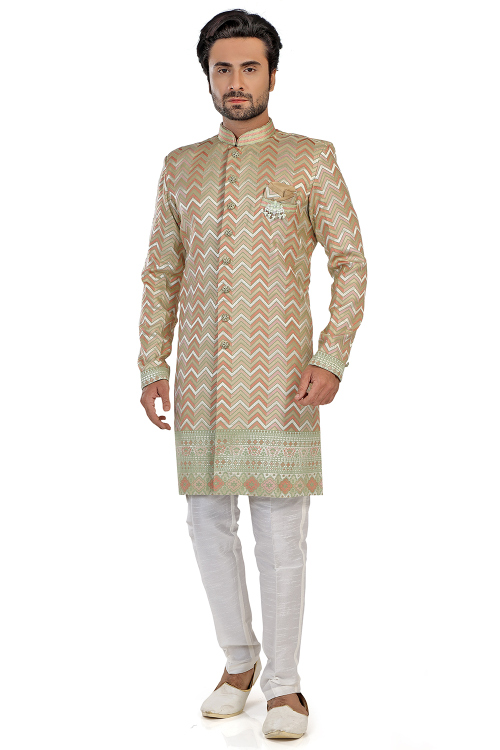 Dark Beige Embroidered Silk Indo Western Men's Sherwani