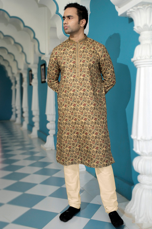 Dark Beige Floral Print Cotton Silk Straight Cut Men's Kurta Pajama