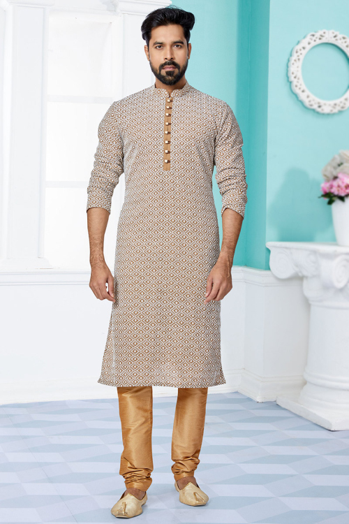 Dark Beige Georgette Churidar Men Kurta Churidar