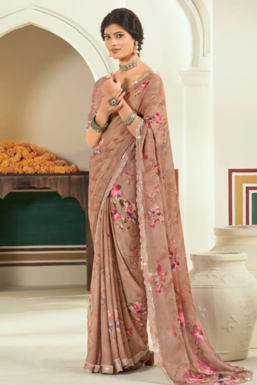 Dark Beige Georgette Saree With Printed Work For Festival
