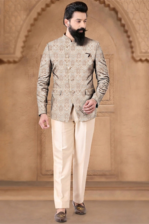 Dark Beige Jacquard Men&#039;s Jodhpuri Style Sherwani With Weaved Thread Work