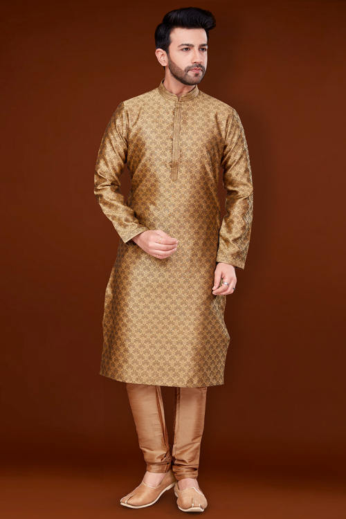 Dark Beige Jacquard Woven Men's Kurta With Churidar