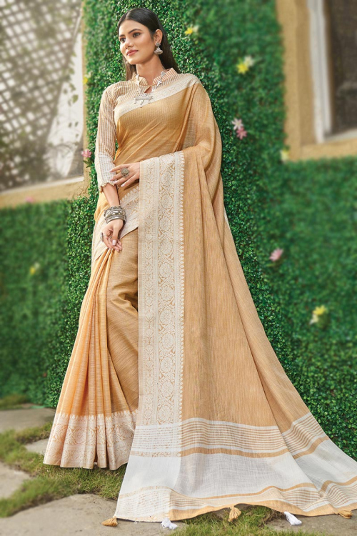 Saree in Dark Beige Linen for Party Wear with Weaved Thread Work