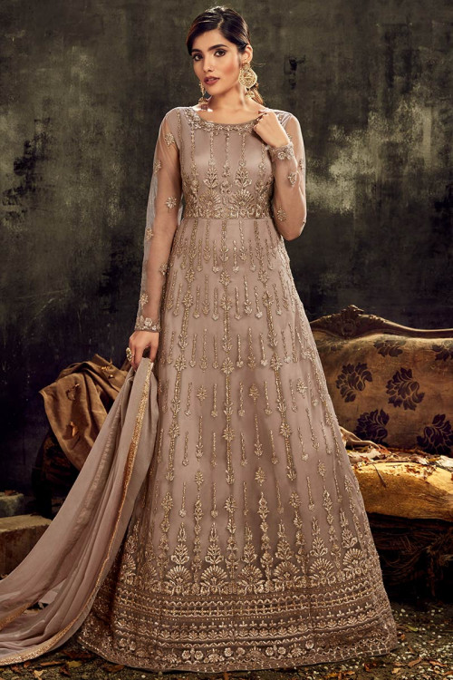 Buy Embroidered Net Anarkali Suit In Beige Colour Online - LSTV05856 |  Andaaz Fashion
