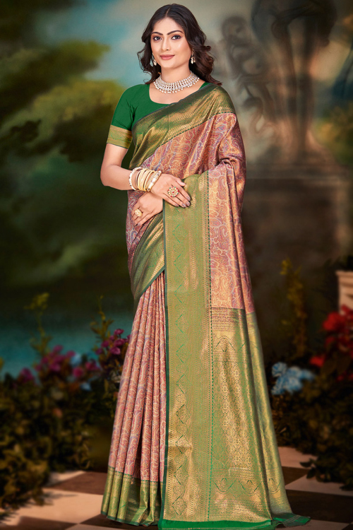 Dark Beige Paisley Print Broad Border Silk Saree