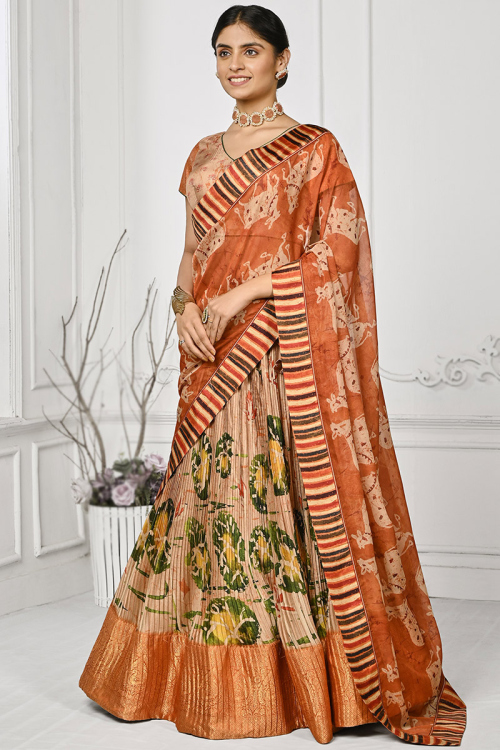 Dark Beige Printed Crushed Silk Flared Style Lehenga 