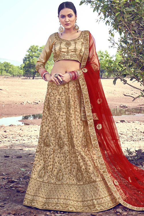Satin Lehenga with Zari Embroidery in Dark Beige for Wedding 