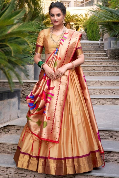 Dark Beige Silk Blend Weaved Zari Lehenga For Festival