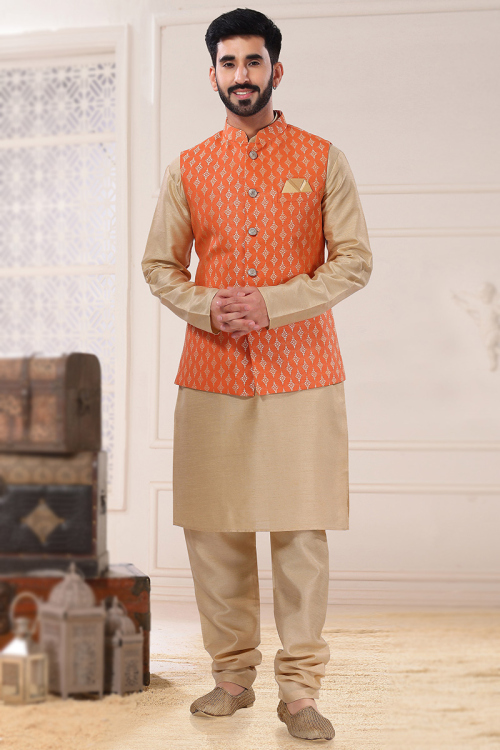 Dark Beige Silk Embroidered Men Kurta Pajama