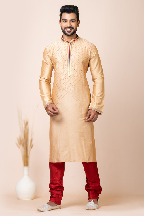 Dark Beige Silk Embroidered Men's Kurta With Churidar For Sangeet 