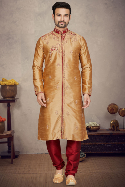 Dark Beige Silk Embroidered Men's Kurta With Churidar