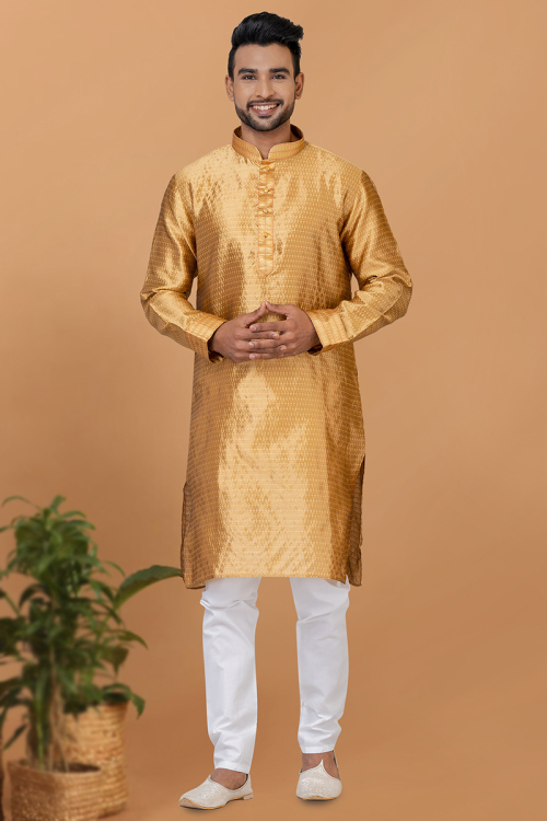 Dark Beige Silk Weaved Thread Straight Cut Men's Kurta Pajama