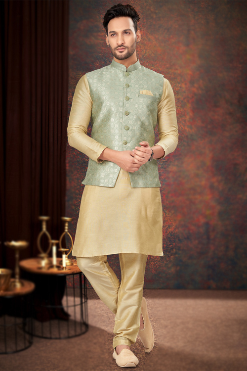 Dark Beige Silk Weaved Zari Men's Kurta Pajama With Waist Coat 