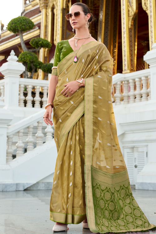 Dark Beige Tissue Saree With Woven Zari Work For Festival