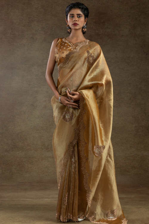 Dark Beige Tissue Silk Saree With Stone Work For Diwali