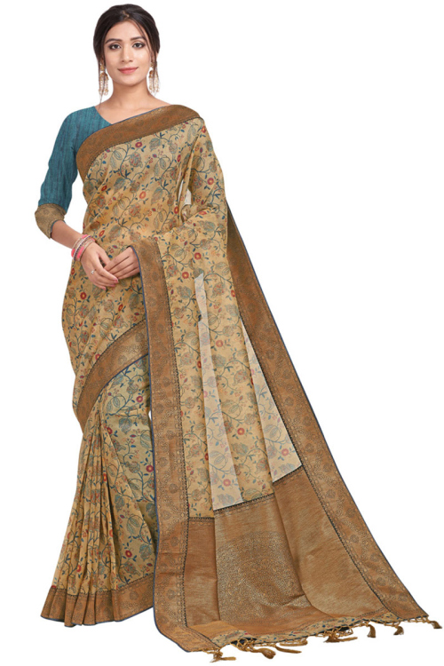 Dark Beige Tussar Silk Indian Wear Saree