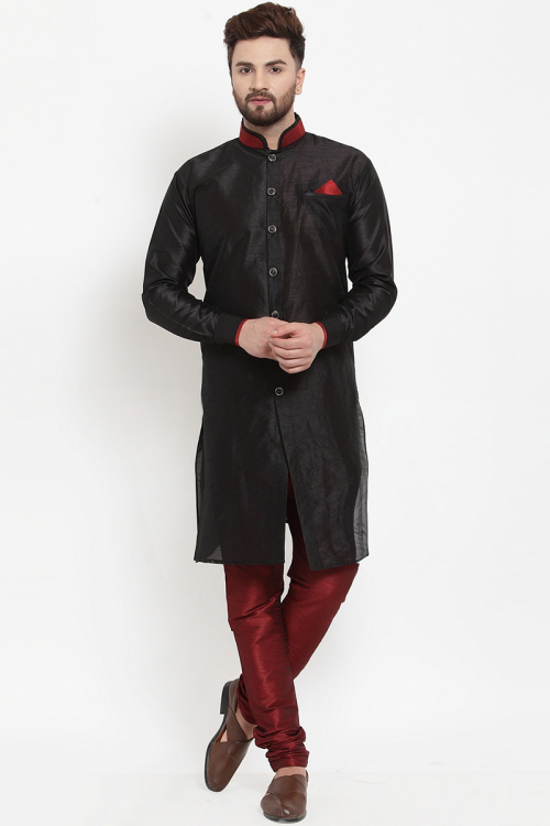 Dark Black Dupion Silk Plain Men Kurta Pajama