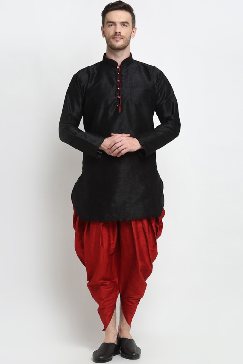 Dark Black Dupion Silk Plain Men's Dhoti Kurta 