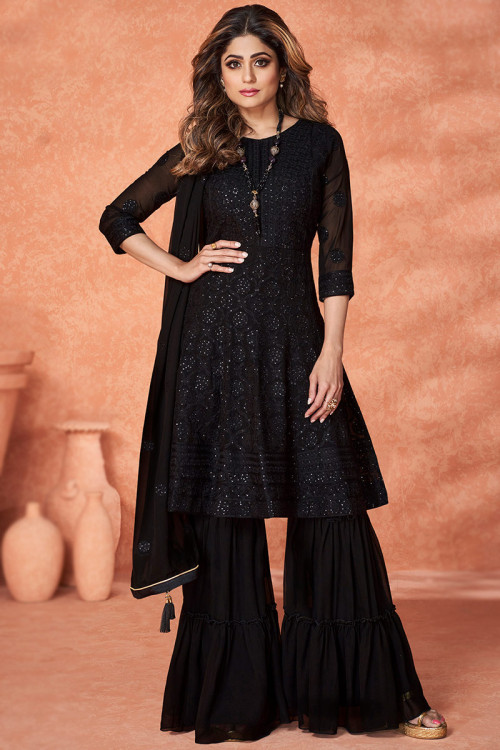 Special Offer Thread Work Embroidered Black Sharara Suit LSTV115553