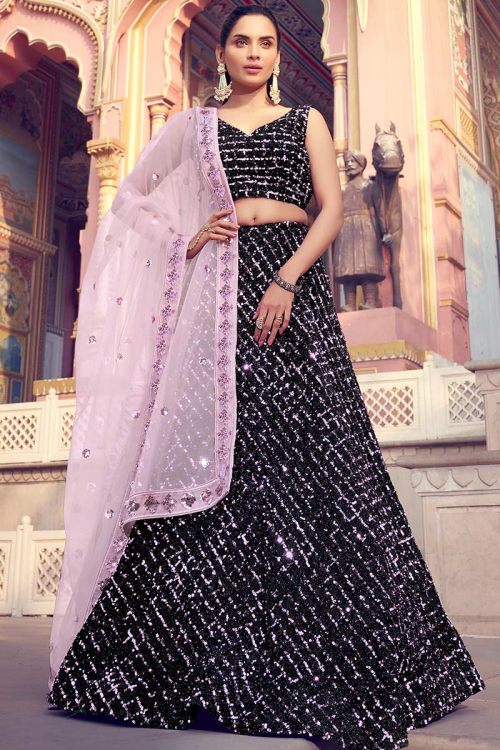 Dark Black Lycra A Line Lehenga