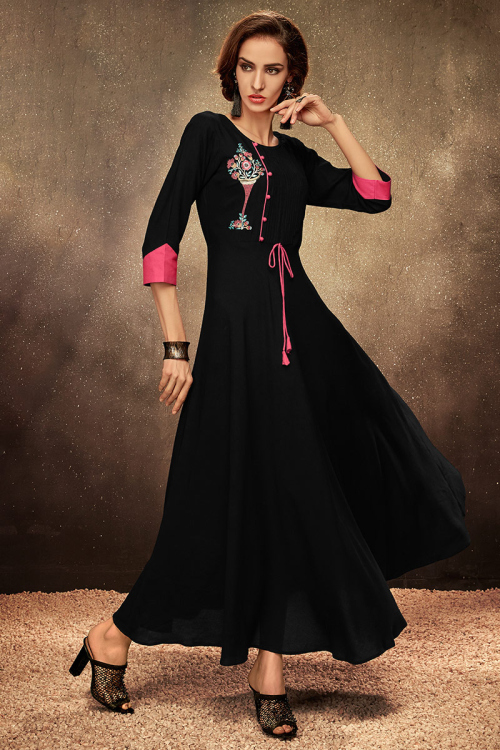 Rayon Dark Black Resham Embroidered Party Wear Kurti