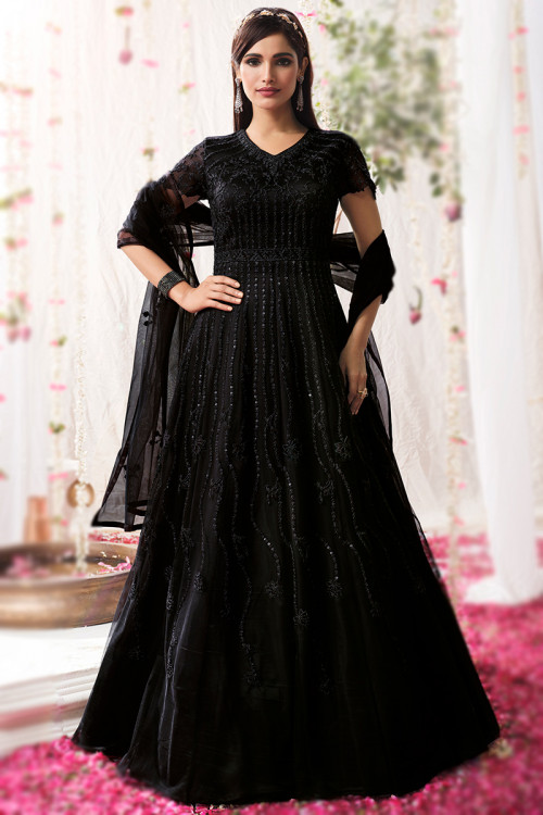 Dark Black Sequins Embroidered Net Anarkali Suit For Eid 